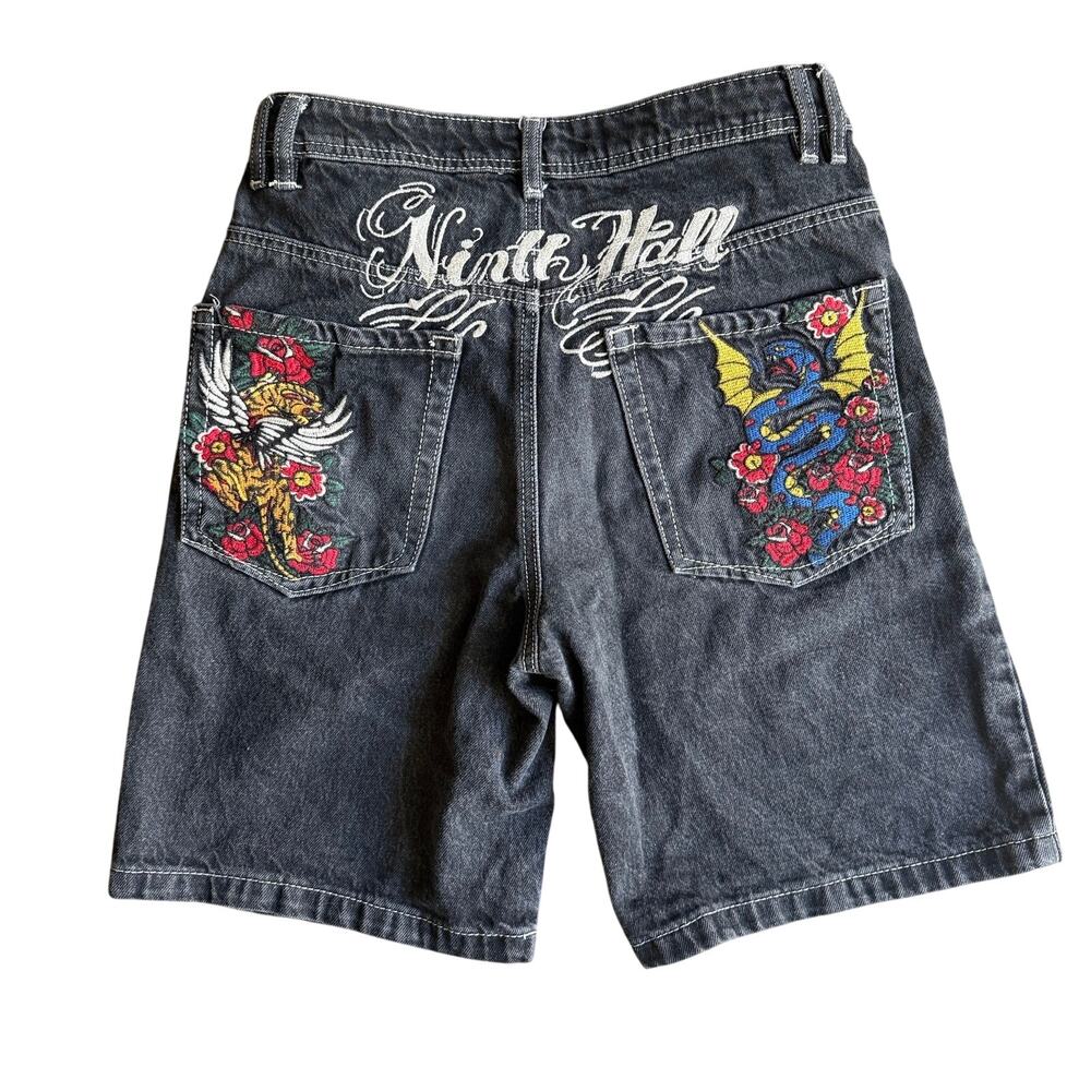 Ninth Hall Idle Denim Jorts- Black Wash Tattoo Embroidery- Vtg Y2k
